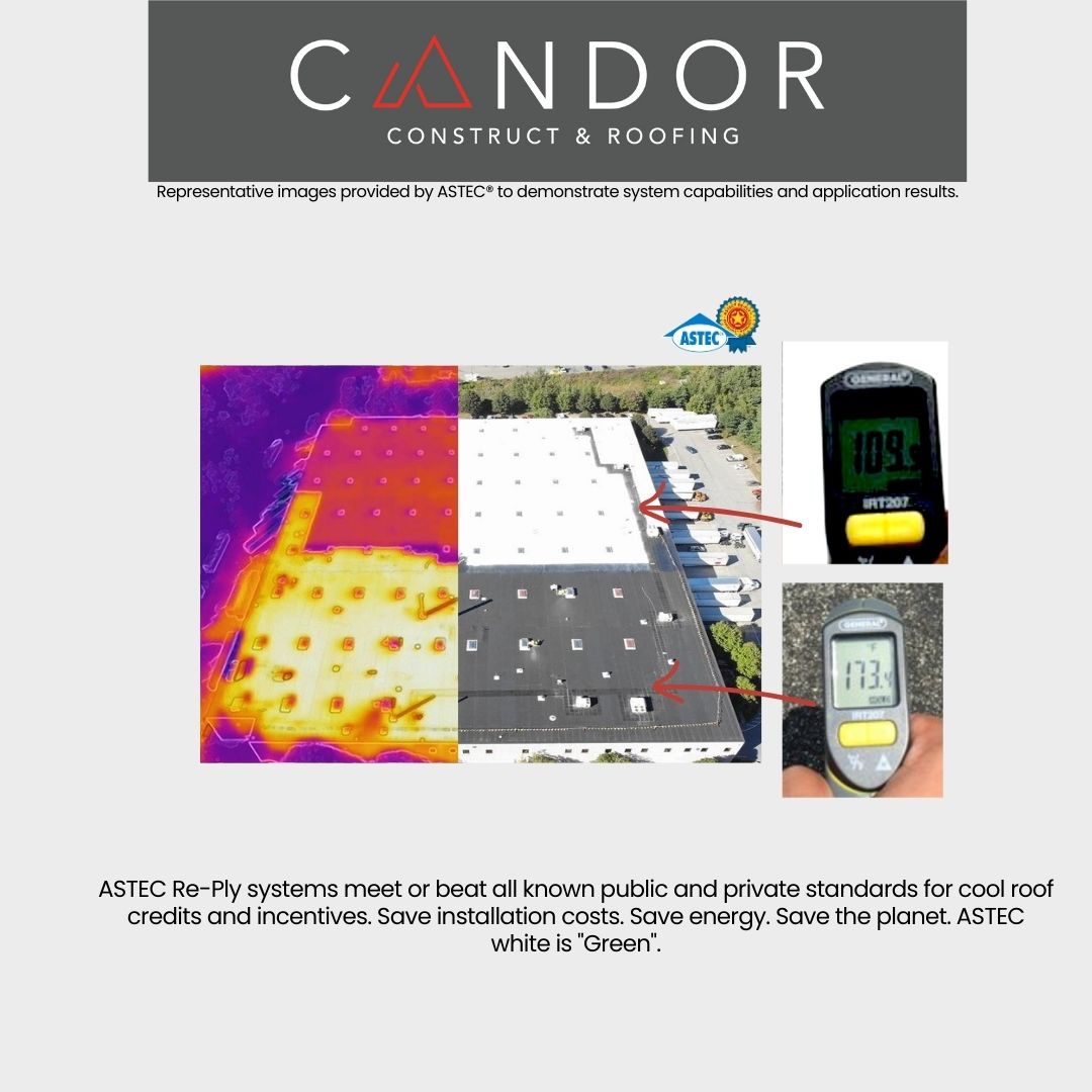 ASTEC thermal imaging comparison showing 109°F coated vs 173°F uncoated roof surface temperature